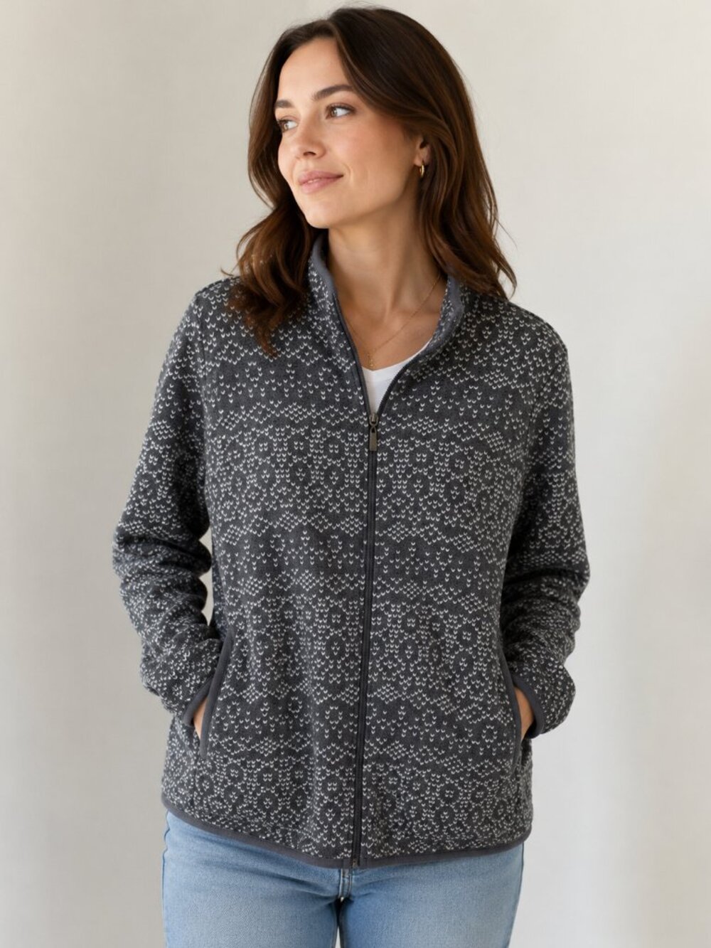 Stan Herman Women’s LARGE Dark Gray Sweater Jacket Full Zip Pocket Long Sleeve